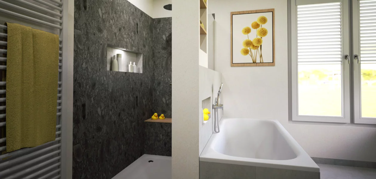 Eine große Dusche mit Sitzbank für die ganze Familie!