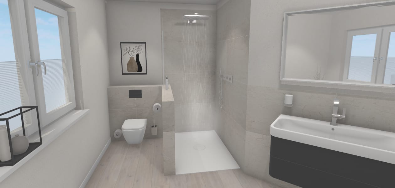 Offene Dusche mit Abtrennung zum WC