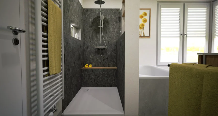 Eine große Dusche mit Sitzbank für die ganze Familie!