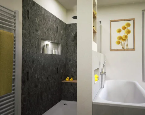 Eine große Dusche mit Sitzbank für die ganze Familie!