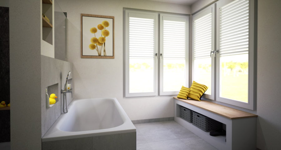 Badewanne mit Tageslicht und dazu eine große Sitzbank. Wie startet ihr in den Tag?