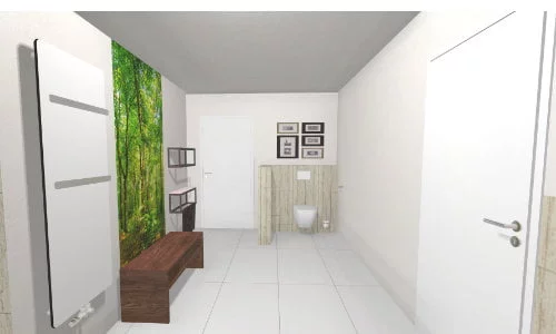 Durchgang mit Heizkörper, Hängeregalen, Sitzbank und WC