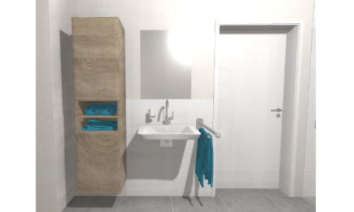 Unterfahrbarer Waschtisch und großzügiger Hängeschran