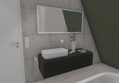 Der Blickfang: Ein asymmetrischer Waschtisch in einem modernen Bad mit Schräge