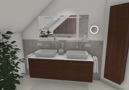 Dunkles Holz trifft auf Eleganz: Die Badmöbel für moderne Bäder mit Dachschräge