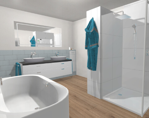 Das Familienbad mit halb-freistehender Wanne – 13 qm
