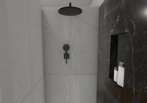 Begehbare, gemauerte Dusche trennt das Badezimmer und sorgt für eine ruhige Auszeit