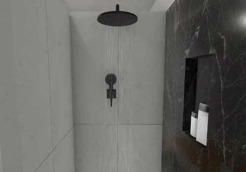 Begehbare, gemauerte Dusche trennt das Badezimmer und sorgt für eine ruhige Auszeit