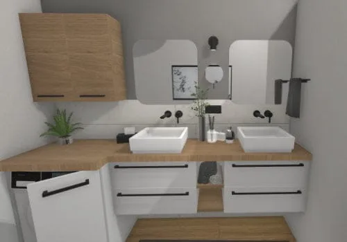 Das Badezimmer mit großem Doppel-Waschtisch und Waschmaschine