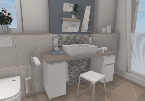 Natürliches Flair am unterfahrbaren Waschtisch – Holzwaschtisch, Aufsatzbecken und Spiegel