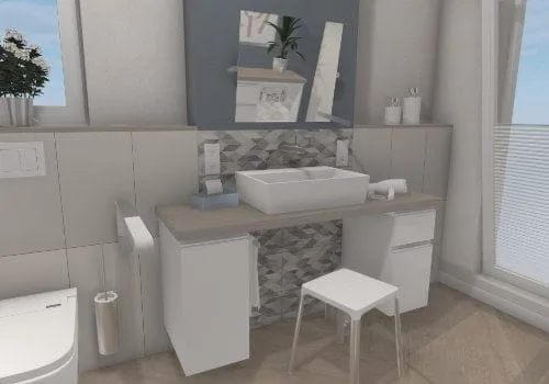 Natürliches Flair am unterfahrbaren Waschtisch – Holzwaschtisch, Aufsatzbecken und Spiegel